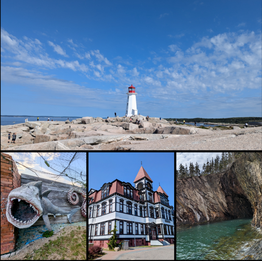 Photo collage of Supernova Tours destinations in Nova Scotia, including Peggy’s Cove, Lunenburg, Mahone Bay, Blue Rocks, and adventure stops along the coast.